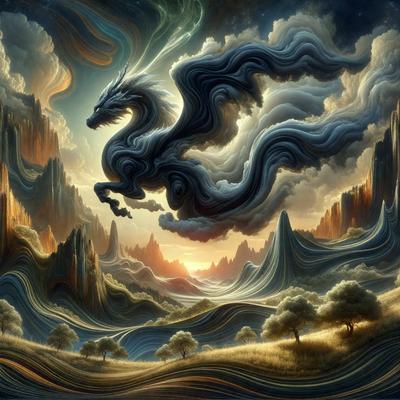 Primary subject: A dragon with a long tail and horns, flying through the sky.

Setting/background: The dragon is flying over a landscape with mountains, trees, and a cloudy sky.

Visual style: The image is a digital art or illustration, featuring a detailed and vibrant dragon.

Colors and mood: The colors in the image are predominantly blue, green, and orange, creating a dynamic and lively atmosphere.